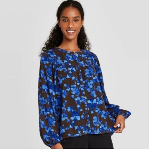 a new day Tops - Women's Long Sleeve Button-Front Blouse-A New Day-Blue Size Large